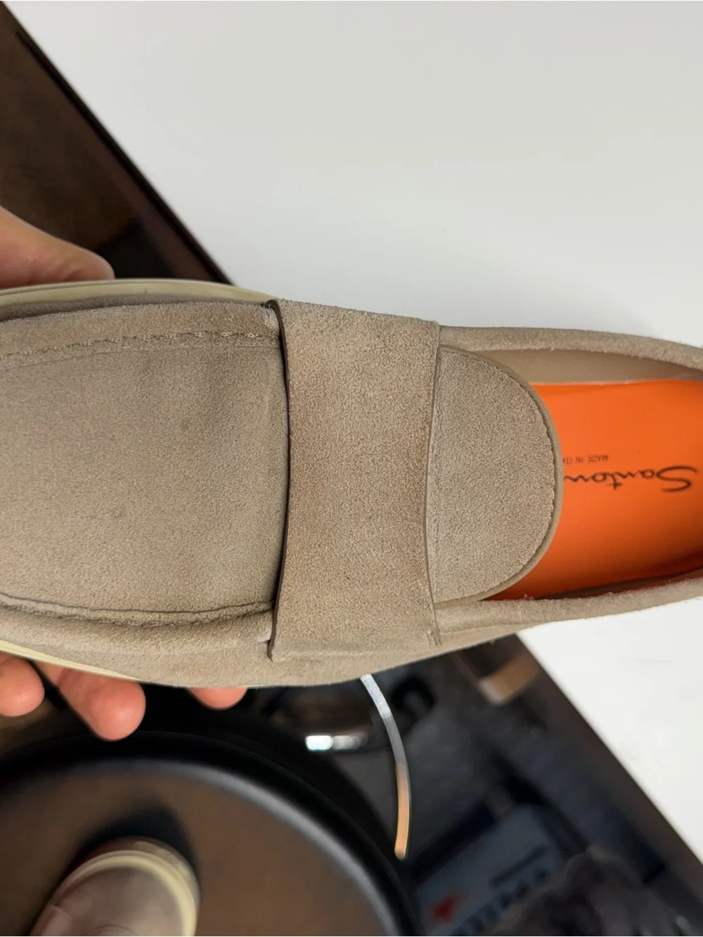 Santoni Taupe Suede Slip-On Penny Loafers